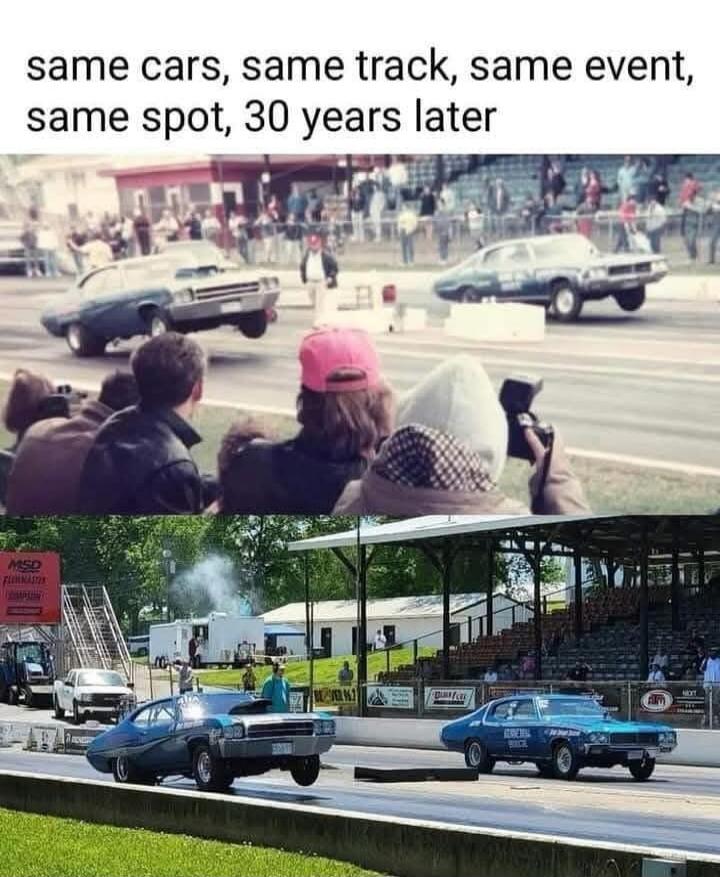 same cars, same track, same event, same spot, 30 years later