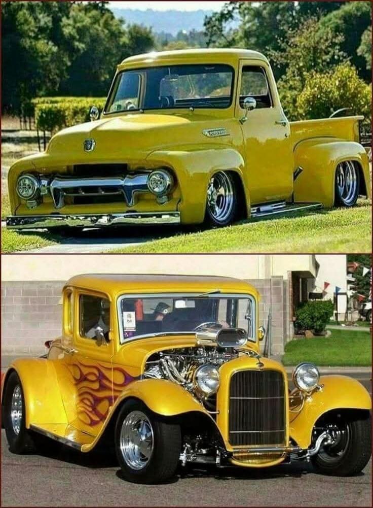 Two yellow classic hot rod cars in a yard and street scene.