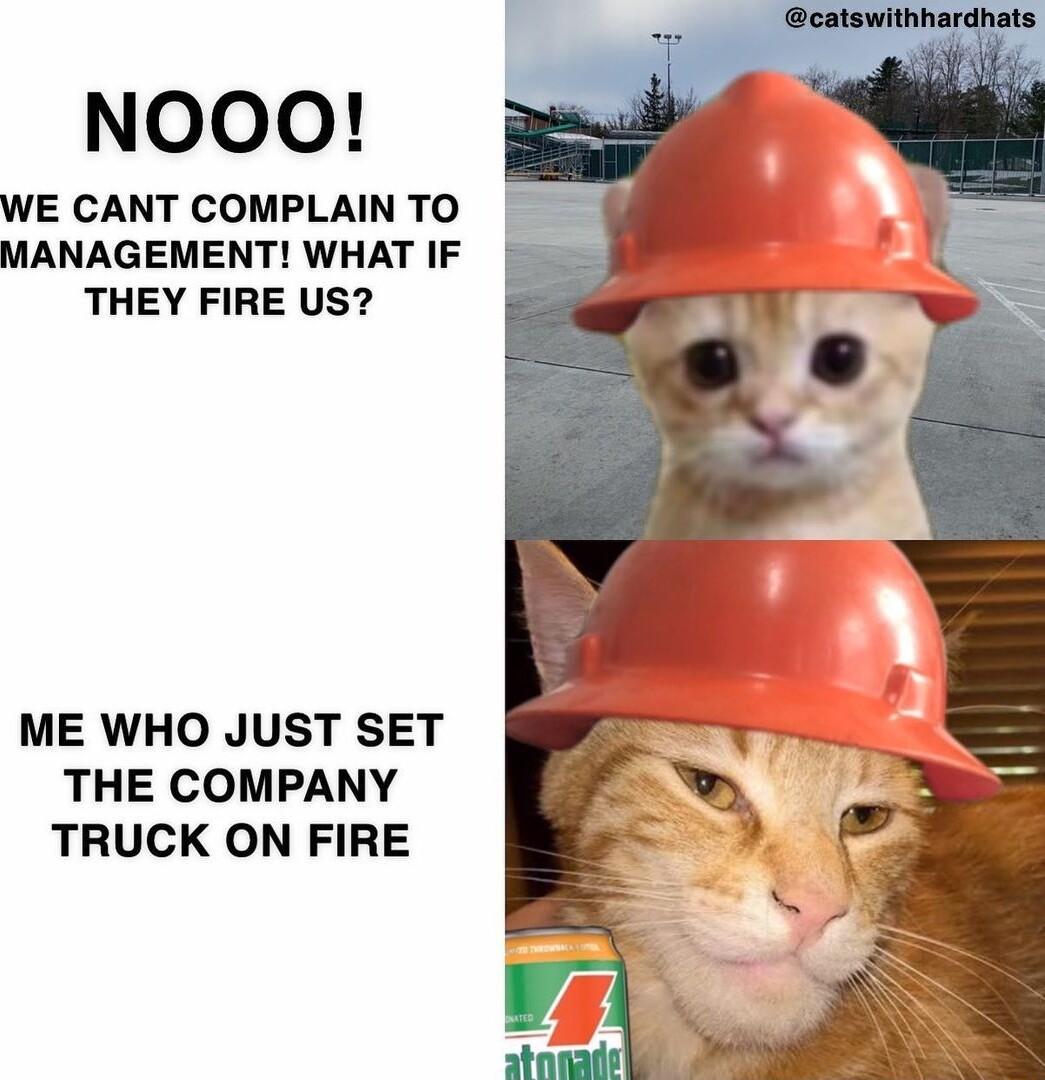 NOOO WE CANT COMPLAIN TO MANAGEMENT WHAT IF THEY FIRE US ME WHO JUST SET THE COMPANY TRUCK ON FIRE