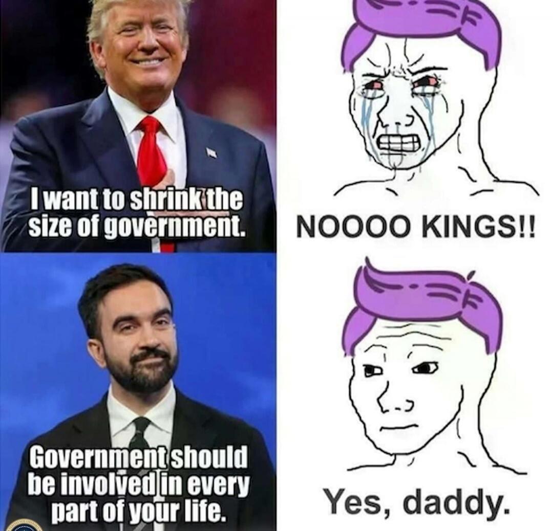 I want to shrink the size of government.
Government should be involved in every part of your life.
NOOOO KINGS!!
Yes, daddy.