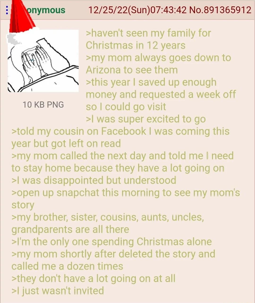 122522Sun074342 No891365912 havent seen my family for Christmas in 12 years my mom always goes down to Arizona to see them this year saved up enough money and requested a week off 10 KB PNG so could go visit was super excited to go told my cousin on Facebook was coming this year but got left on read my mom called the next day and told me need to stay home because they have a lot going on was disap