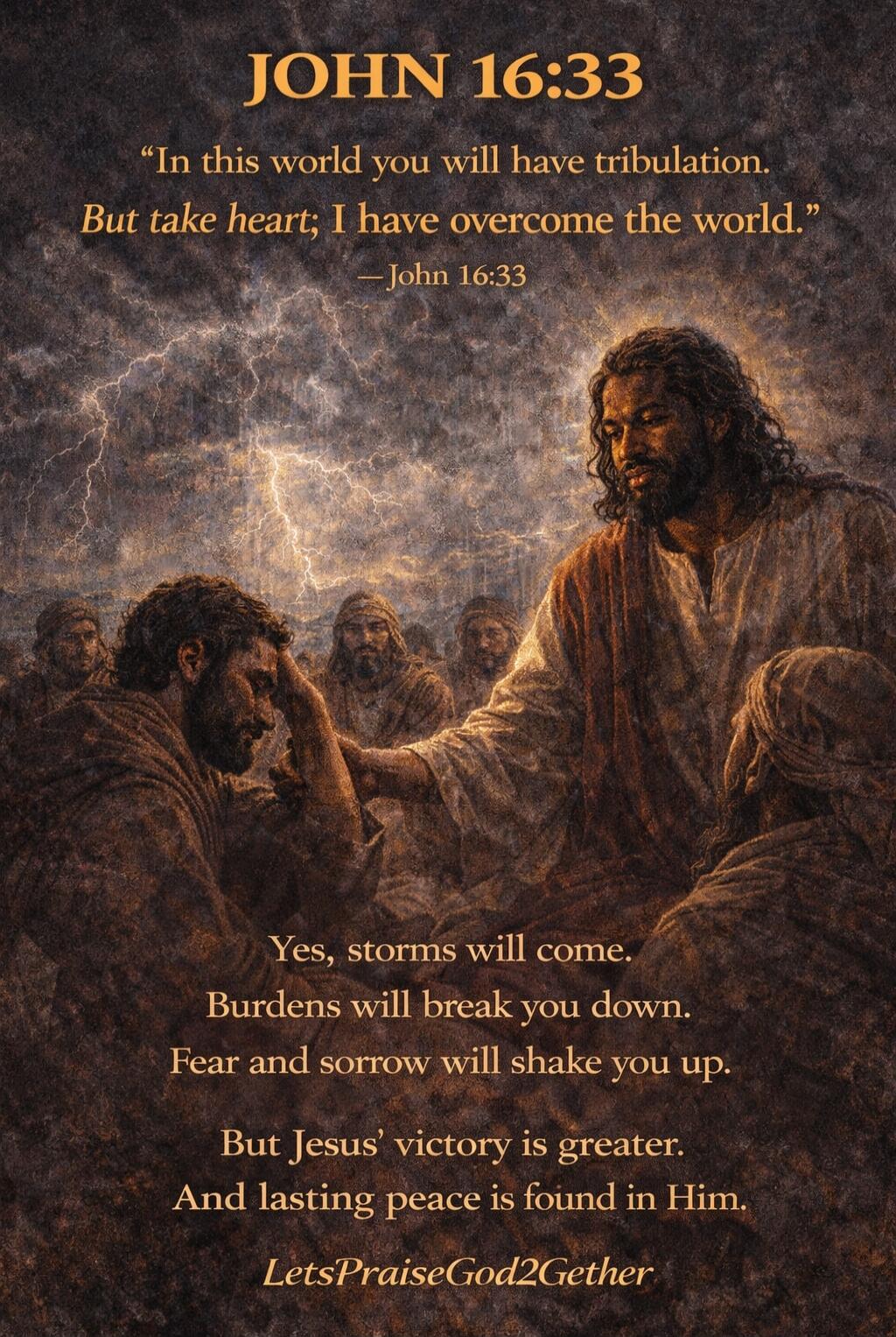 JOHN 16:33
“In this world you will have tribulation. But take heart; I have overcome the world.”
— John 16:33

Yes, storms will come.
Burdens will break you down.
Fear and sorrow will shake you up.
But Jesus' victory is greater.
And lasting peace is found in Him.
LetsPraiseGod2Gather