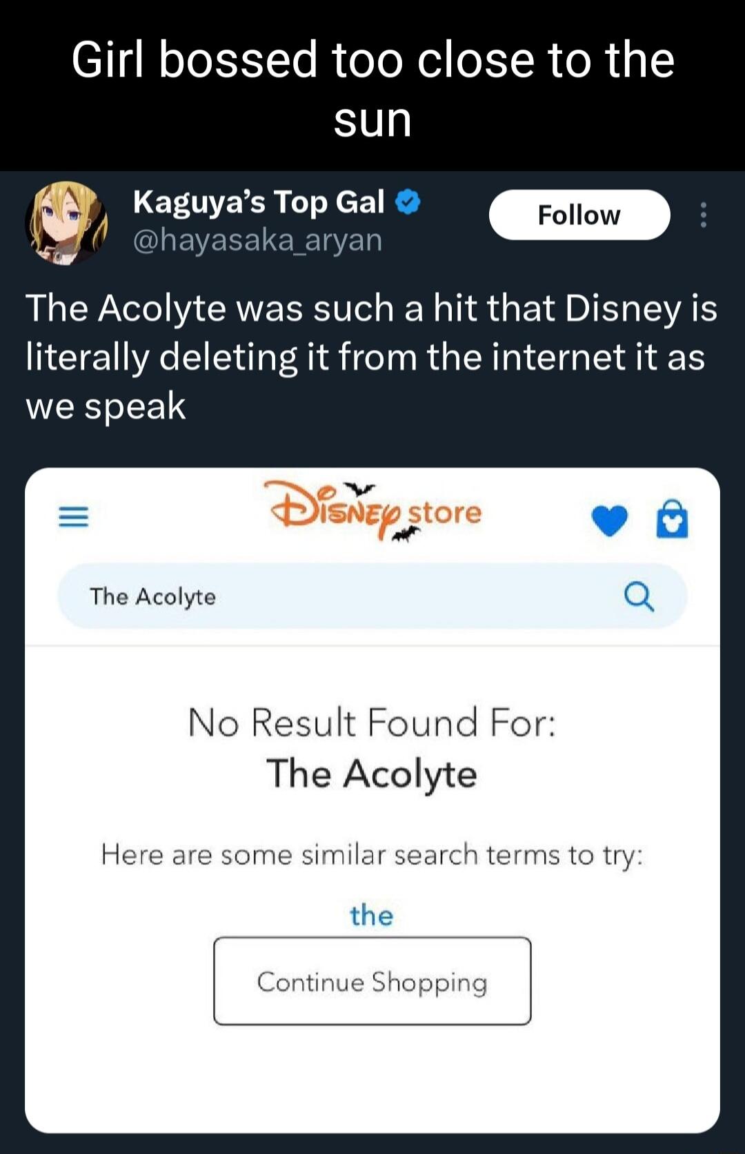 11 T ISTe R oo N el R R 1 sun e T t ryan The Acolyte was such a hit that Disney is literally deleting it from the internet it as we speak The Acolyte No Result Found For The Acolyte Here are some similar search terms to try