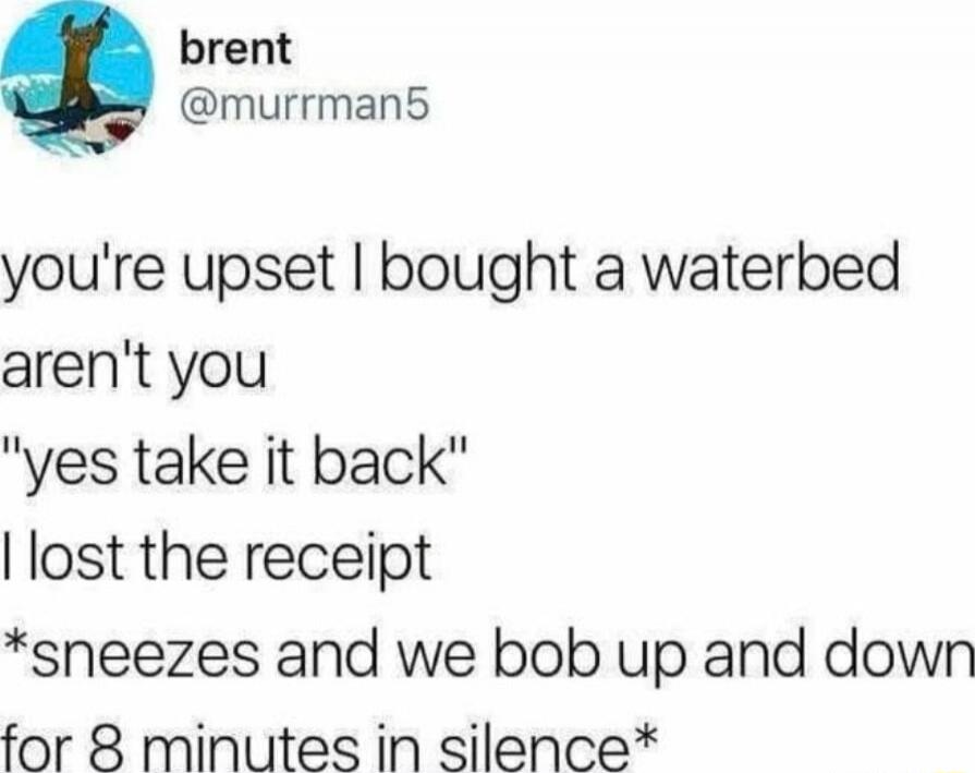 you're upset I bought a waterbed aren't you
