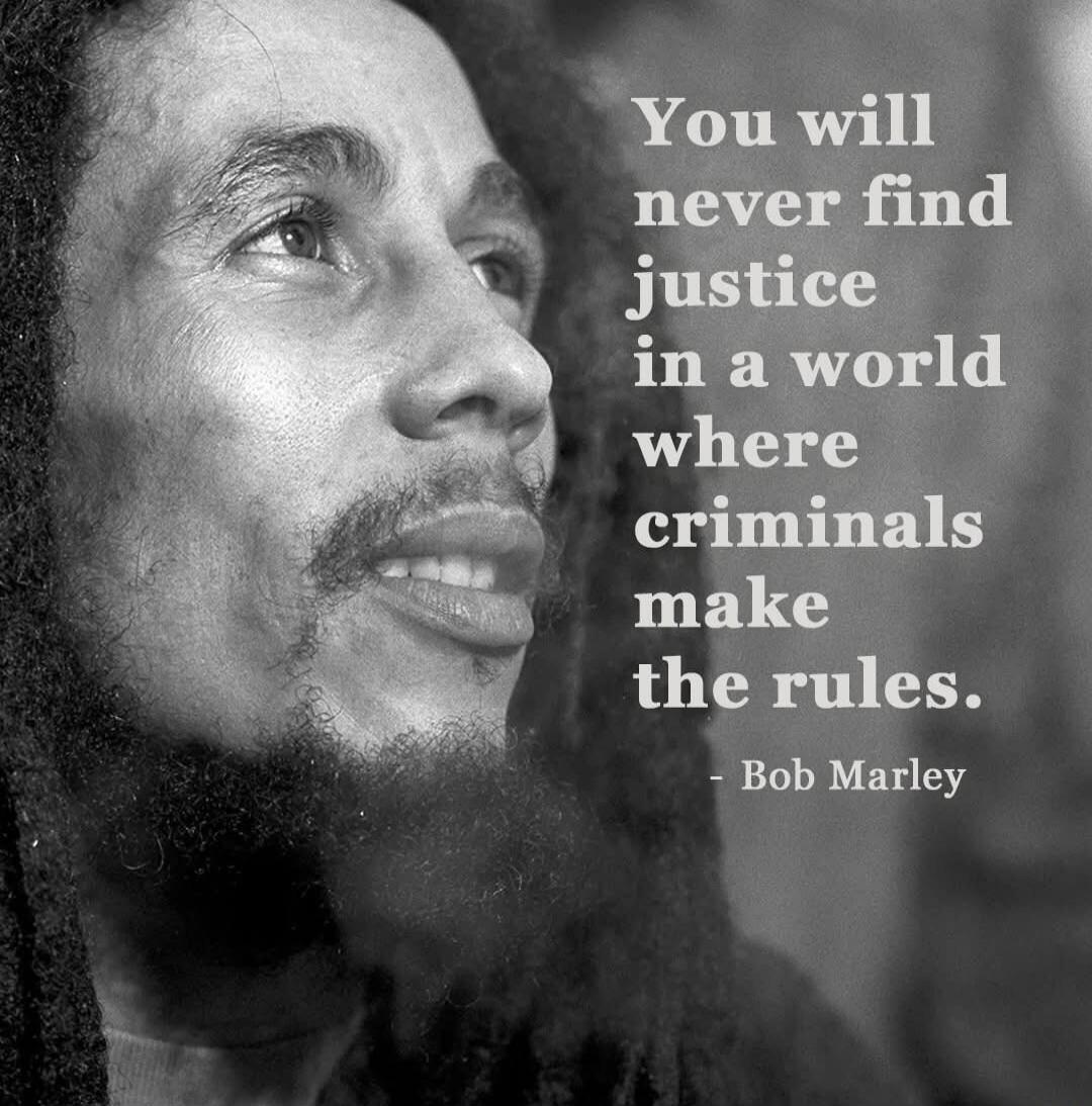 You will never find justice in a world where criminals make the rules. - Bob Marley