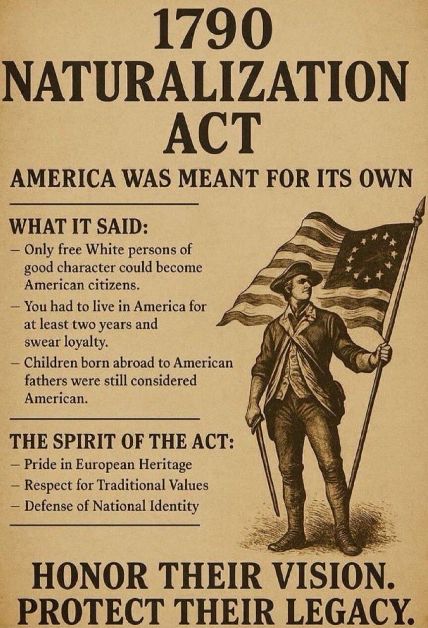 1790 NATURALIZATION ACT AMERICA WAS MEANT FOR ITS OWN WHAT IT SAID: - Only free White persons of good character could become American citizens. - You had to live in America for at least two years and swear loyalty. - Children born abroad to American fathers were still considered American. THE SPIRIT OF THE ACT: - Pride in European Heritage - Respec