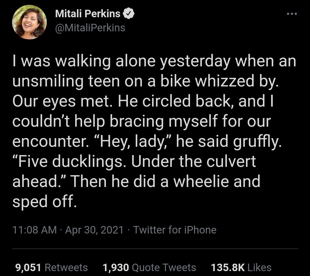 Mitgli Ferkins B AMCNICEEINE RVEERVE Ll e a AR Gl s EVAWV TETa Ty unsmiling teen on a bike whizzed by Our eyes met He circled back and couldnt help bracing myself for our TaeToT01 o 10 o TN F To VAR s TCRSF 10 o U YA Five ducklings Under the culvert ahead Then he did a wheelie and sped off 1108 AM Apr 30 2021 Twitter for iPhone 9051 Retweets 1930 Quote Tweets 1358K Likes