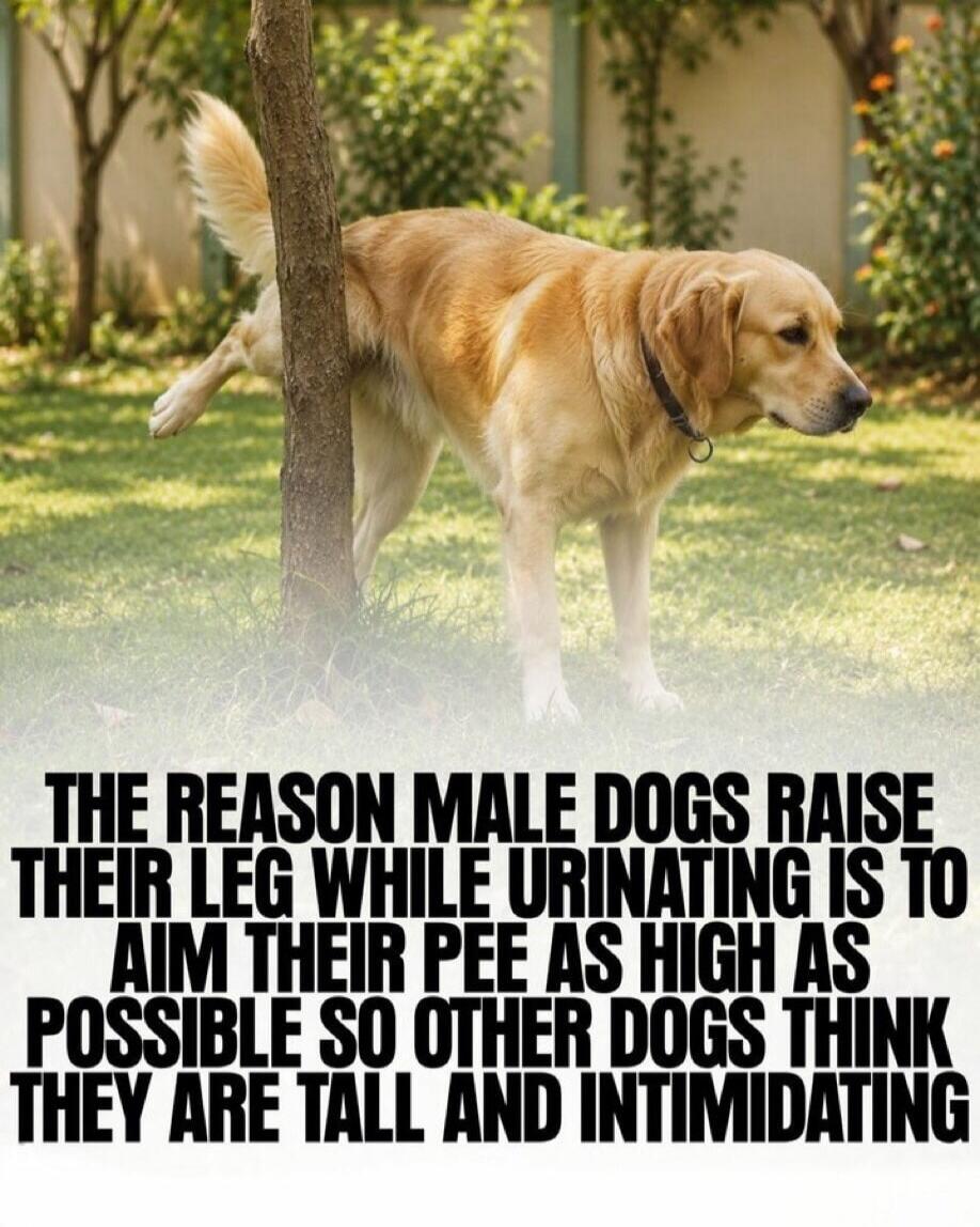 THE REASON MALE DOGS RAISE THEIR LEG WHILE URINATING IS TO AIM THEIR PEE AS HIGH AS POSSIBLE SO OTHER DOGS THINK THEY ARE TALL AND INTIMIDATING