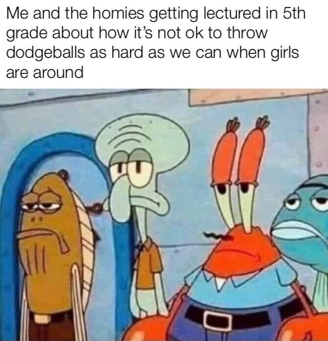 Me and the homies getting lectured in 5th grade about how its not ok to throw dodgeballs as hard as we can when girls are around