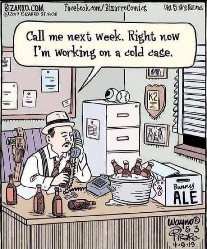 Call me next week. Right now I'm working on a cold case. BIZARRO.COM Facebook.com/BizarroComics Dist. by King Features Bunny ALE Wayno® & Piraro 4-9-19