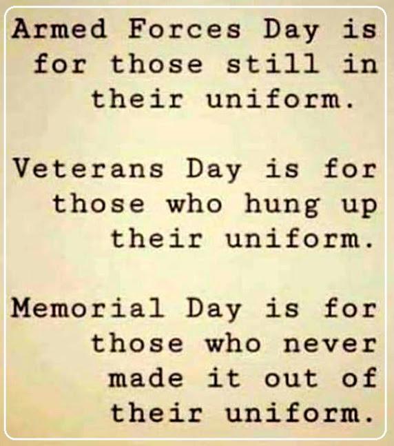 Armed Forces Day is for those still in their uniform Veterans Day is for those who hung up their uniform Memorial Day is for those who never made it out of their uniform