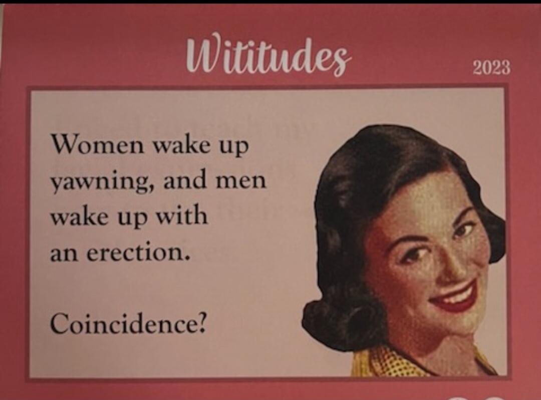 Wititudes 2023 Women wake up yawning, and men wake up with an erection. Coincidence?