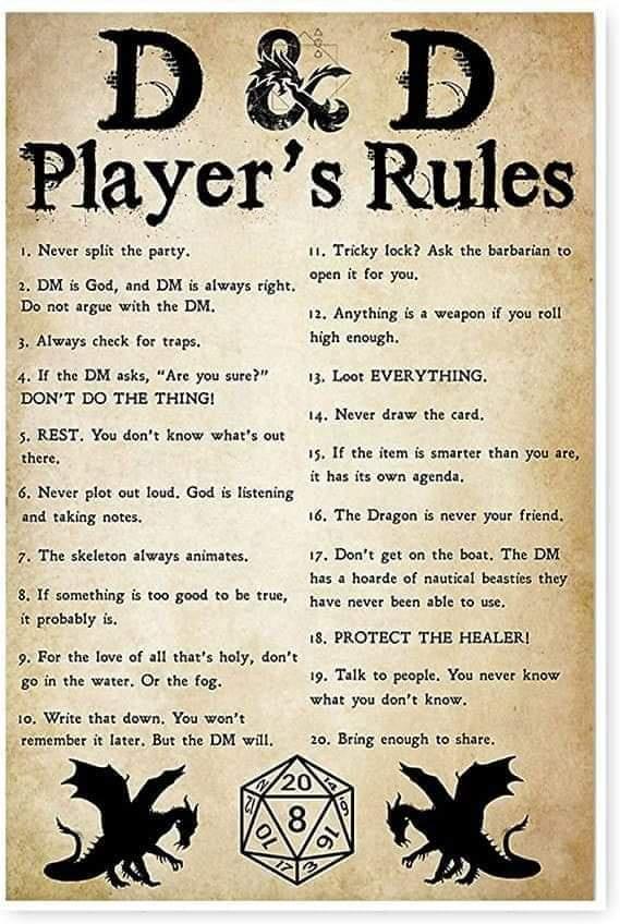 1 Never split the party 2 DM is God and DM is always right Do not argue with the DM 3 Always check for traps 4 16 the DM asks Are you sure DONT DO THE THING 5 REST You dont know whats out there 6 Never plot out loud God is listening and taking notes 7 The skeleton always animates 8 1f something is too good to be true it probably is 9 For the love of all thats holy dont go in the water O the fog 10