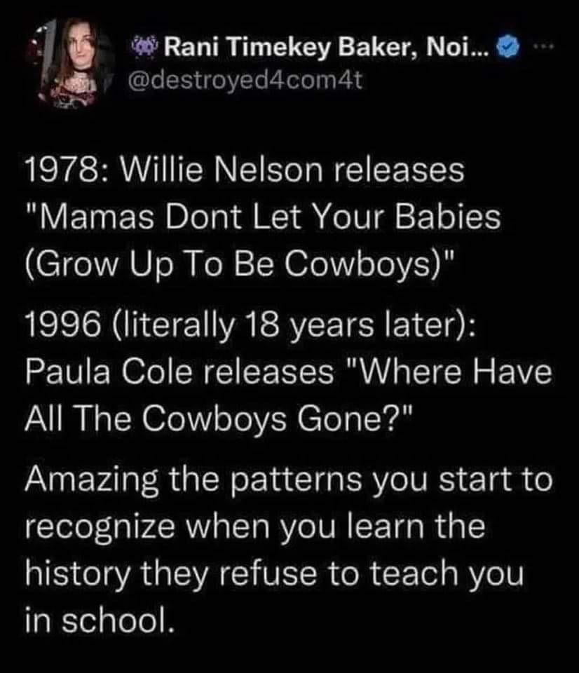 7 Rani Timekey Baker Noi 37 destroyed4com4t 1978 Willie Nelson releases Mamas Dont Let Your Babies Grow Up To Be Cowboys 1996 literally 18 years later Paula Cole releases Where Have All The Cowboys Gone Amazing the patterns you start to recognize when you learn the history they refuse to teach you in school
