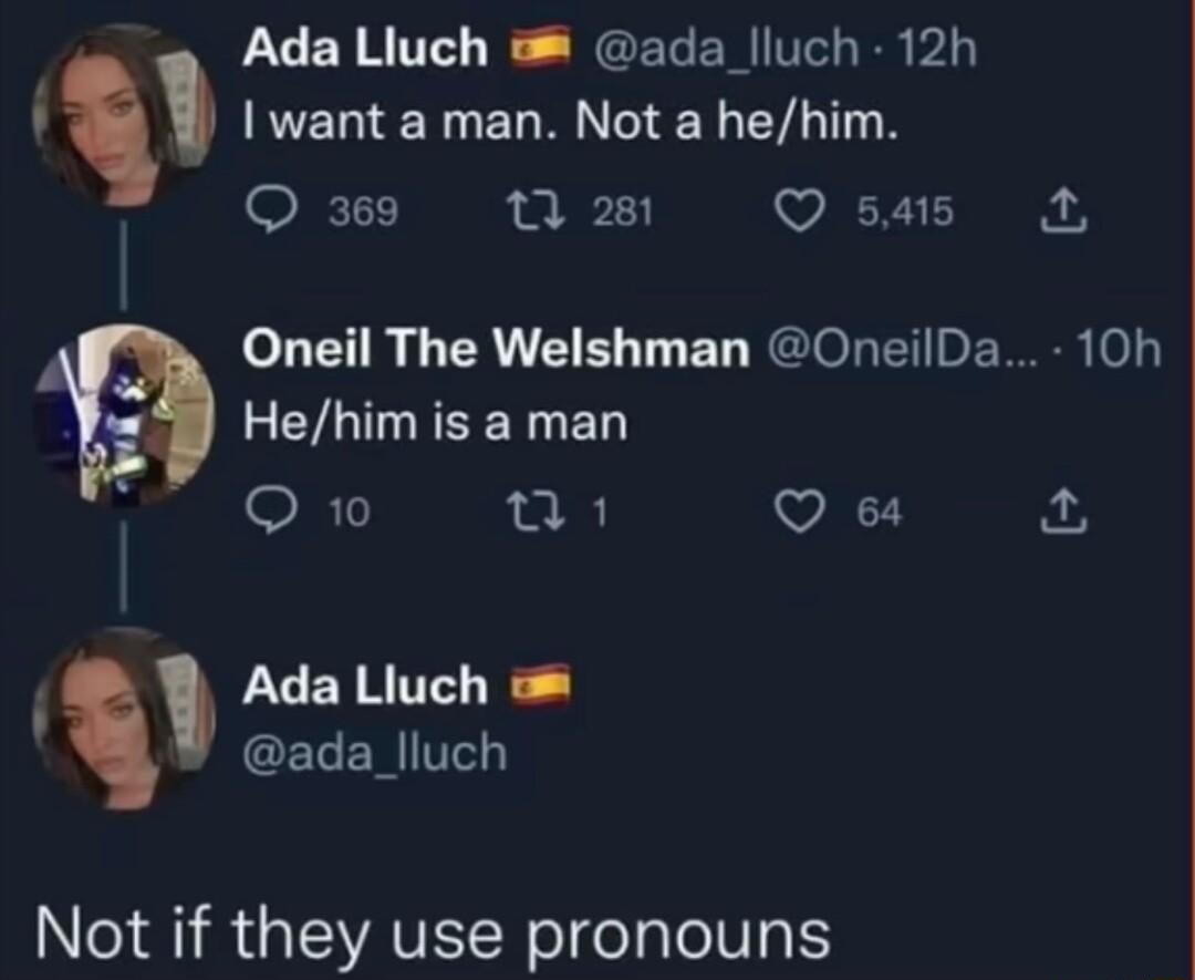 Ada Lluch ada lluch 12h l want a man Not a hehim Q 369 12 281 2T A Oneil The Welshman OneilDa 10h Hehim is a man Qw0 Q 84 i LCENRITE CELERTe Not if they use pronouns