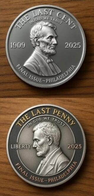 THE LAST CENT
IN GOD WE TRUST
1909 2025
FINAL ISSUE - PHILADELPHIA

THE LAST PENNY
LIBERTY 2025
IN GOD WE TRUST
FINAL ISSUE - PHILADELPHIA