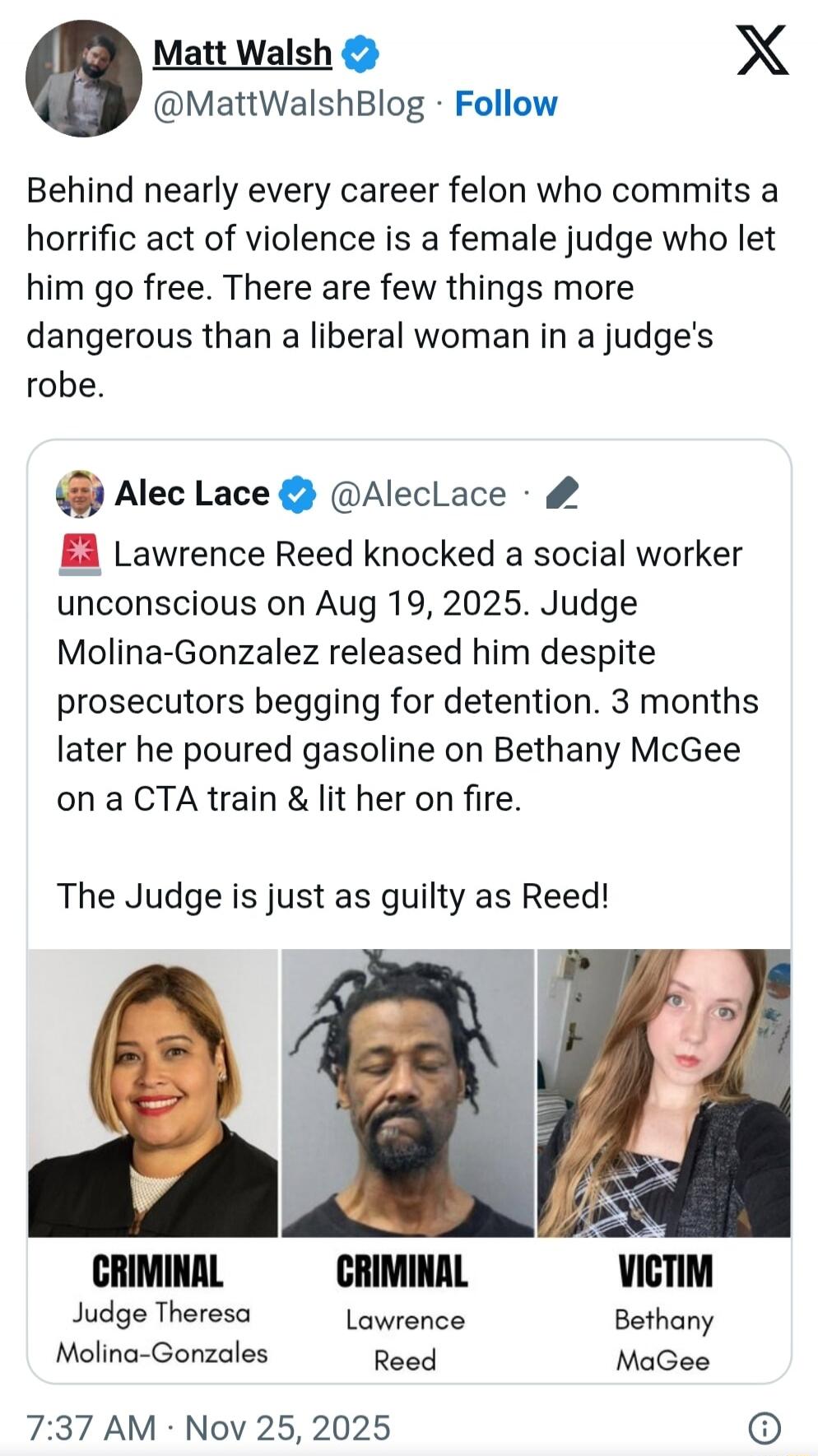 Behind nearly every career felon who commits a horrific act of violence is a female judge who let him go free. There are few things more dangerous than a liberal woman in a judge's robe.

Lawrence Reed knocked a social worker unconscious on Aug 19, 2025. Judge Molina-Gonzalez released him despite prosecutors begging for detention. 3 months later he