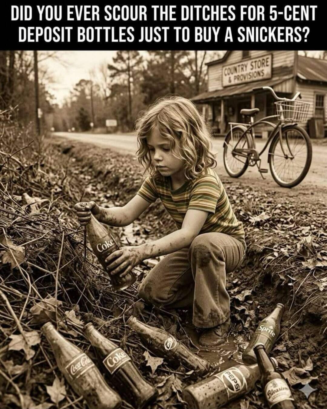 DID YOU EVER SCOUR THE DITCHES FOR 5-CENT DEPOSIT BOTTLES JUST TO BUY A SNICKERS? COUNTRY STORE & PROVISIONS. Coke, Coca-Cola, Pepsi, Sprite, Blester.