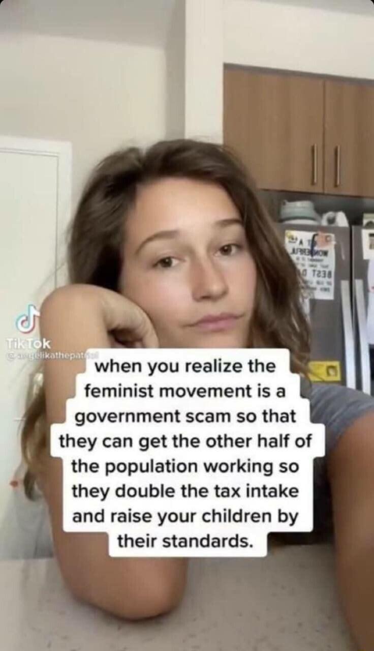 when you realize the feminist movement is a government scam so that they can get the other half of the population working so they double the tax intake and raise your children by their standards