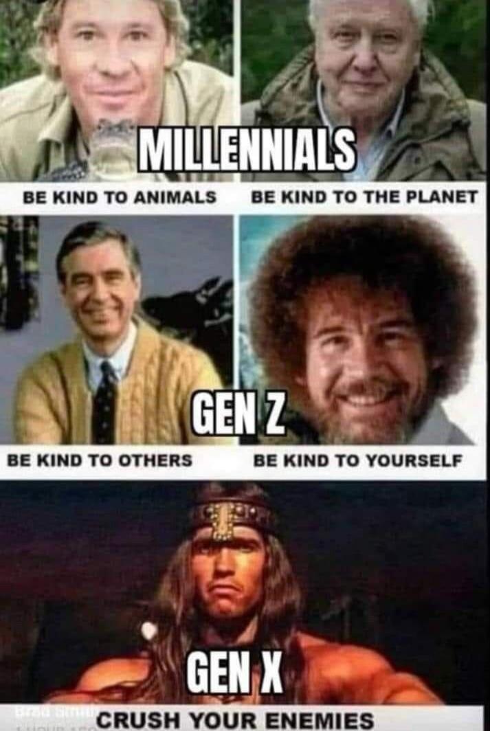 MILLENNIALS BE KIND TO ANIMALS BE KIND TO THE PLANET GEN Z BE KIND TO OTHERS BE KIND TO YOURSELF GEN X CRUSH YOUR ENEMIES