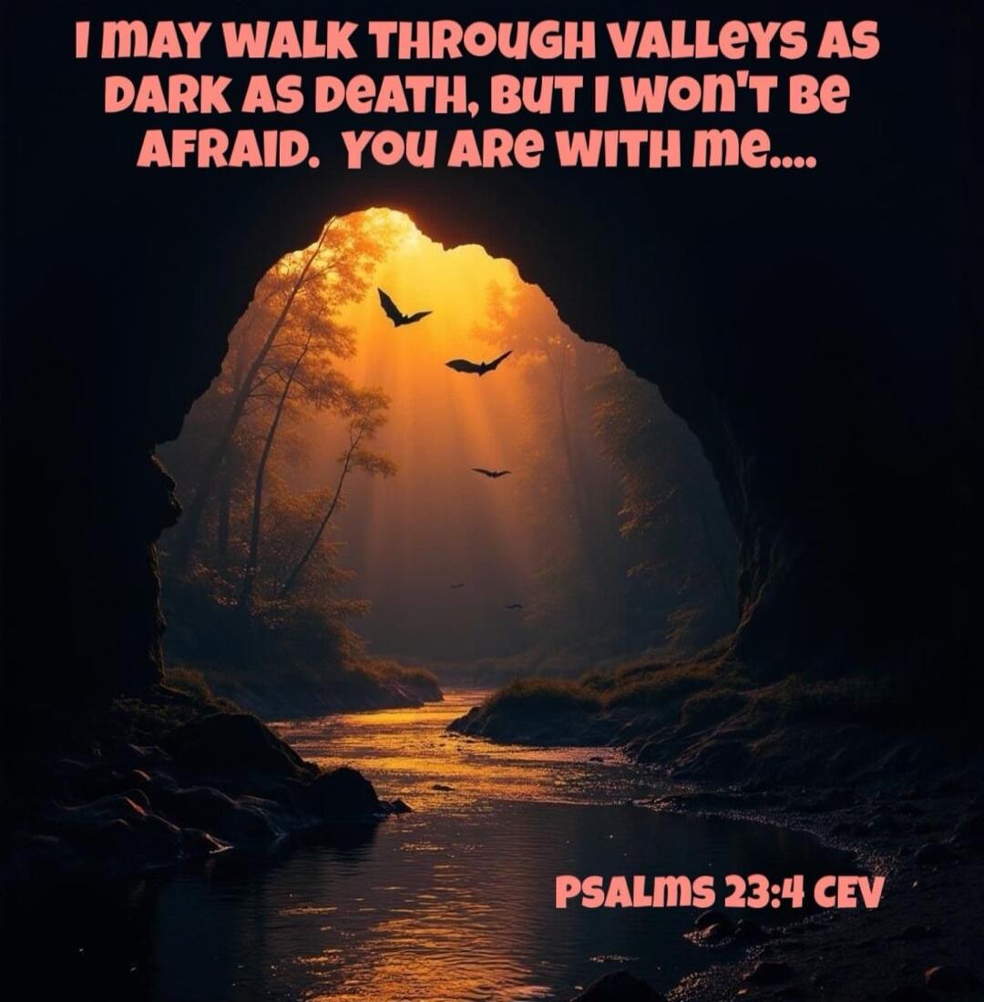 I MAY WALK THROUGH VALLEYS AS DARK AS DEATH, BUT I WON'T BE AFRAID. YOU ARE WITH ME.... PSALMS 23:4 CEV