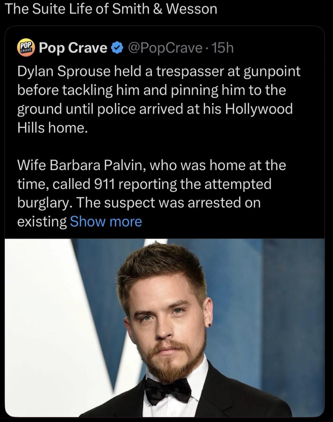 The Suite Life of Smith & Wesson. Dylan Sprouse held a trespasser at gunpoint before tackling him and pinning him to the ground until police arrived at his Hollywood Hills home. Wife Barbara Palvin, who was home at the time, called 911 reporting the attempted burglary. The suspect was arrested on existing.