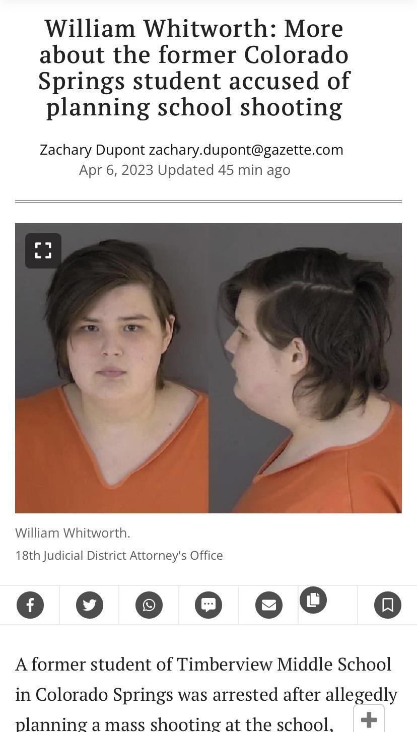 William Whitworth More about the former Colorado Springs student accused of planning school shooting Zachary Dupont zacharydupontgazettecom Apr 6 2023 Updated 45 min ago William Whitworth 18th Judicial District Attorneys Office 0 00 000 o A former student of Timberview Middle School in Colorado Springs was arrested after allegedly vlannine 3 mass shootine at theschool