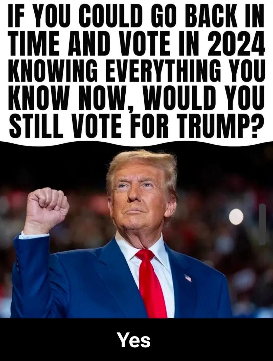 IF YOU COULD GO BACK IN TIME AND VOTE IN 2024 KNOWING EVERYTHING YOU KNOW NOW, WOULD YOU STILL VOTE FOR TRUMP? Yes