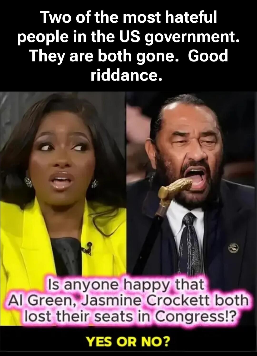 Two of the most hateful people in the US government. They are both gone. Good riddance. Is anyone happy that Al Green, Jasmine Crockett both lost their seats in Congress!? YES OR NO?