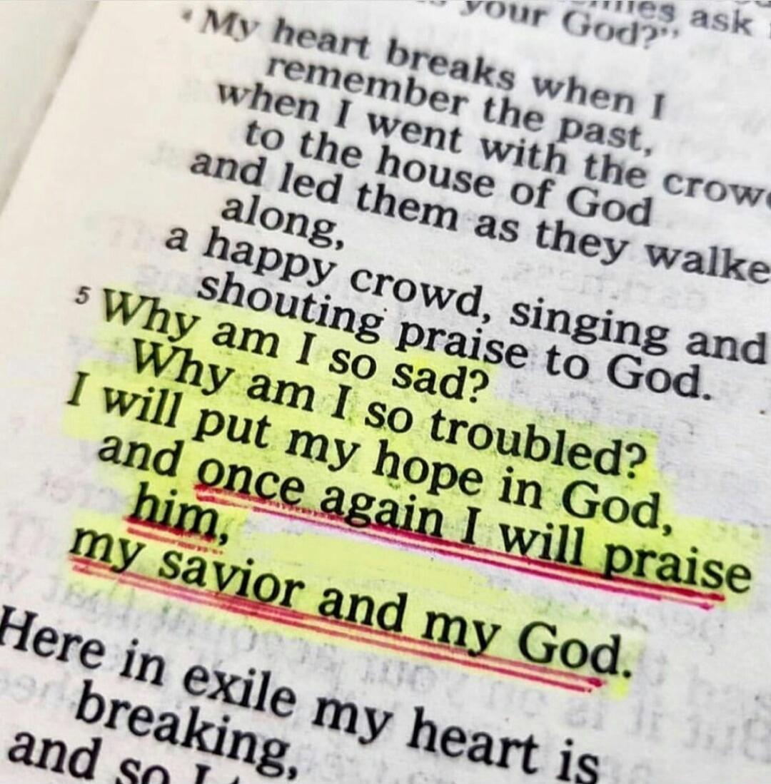 My heart breaks when I remember the past, when I went with the crowd to the house of God and led them as they walked along, a happy crowd, singing and shouting praise to God. Why am I so sad? Why am I so troubled? I will put my hope in God, and once again I will praise him, my savior and my God. Here in exile my heart is breaking, and so I...
