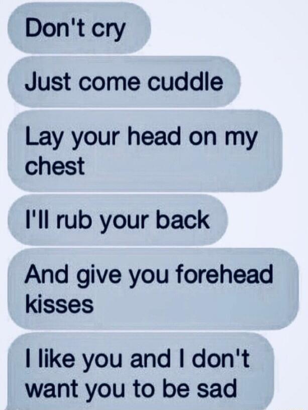 Don't cry. Just come cuddle. Lay your head on my chest. I'll rub your back. And give you forehead kisses. I like you and I don't want you to be sad.