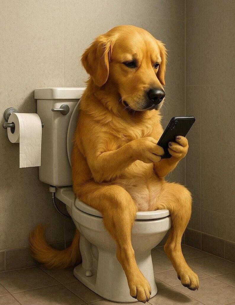 A golden retriever sitting on a toilet, holding and looking at a smartphone. humorous anthropomorphic moment.