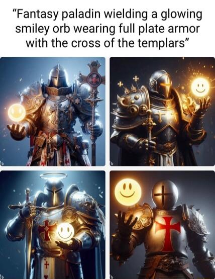 Fantasy paladin wielding a glowing smiley orb wearing full plate armor with the cross of the templars