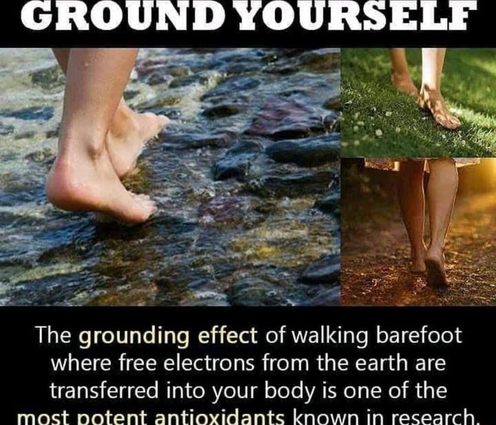 GROUND YOURSELLY The grounding effect of walking barefoot where free electrons from the earth are transferred into your body is one of the most notent antioxidants known in research