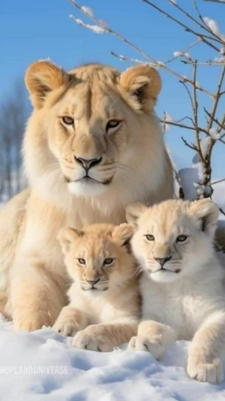 A lioness with two cubs resting in the snow.
