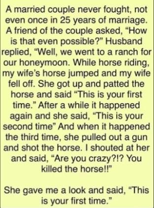 A married couple never fought not even once in 25 years of marriage A friend of the couple asked How is that even possible Husband replied Well we went to a ranch for our honeymoon While horse riding my wifes horse jumped and my wife fell off She got up and patted the horse and said This is your first time After a while it happened again and she said This is your second time And when it happened t