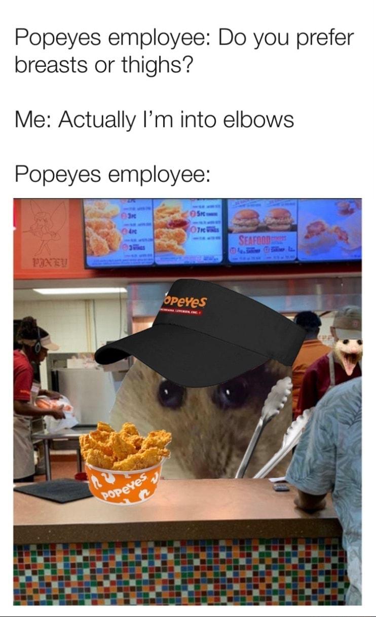 Popeyes employee Do you prefer breasts or thighs Me Actually Im into elbows Popeyes employee