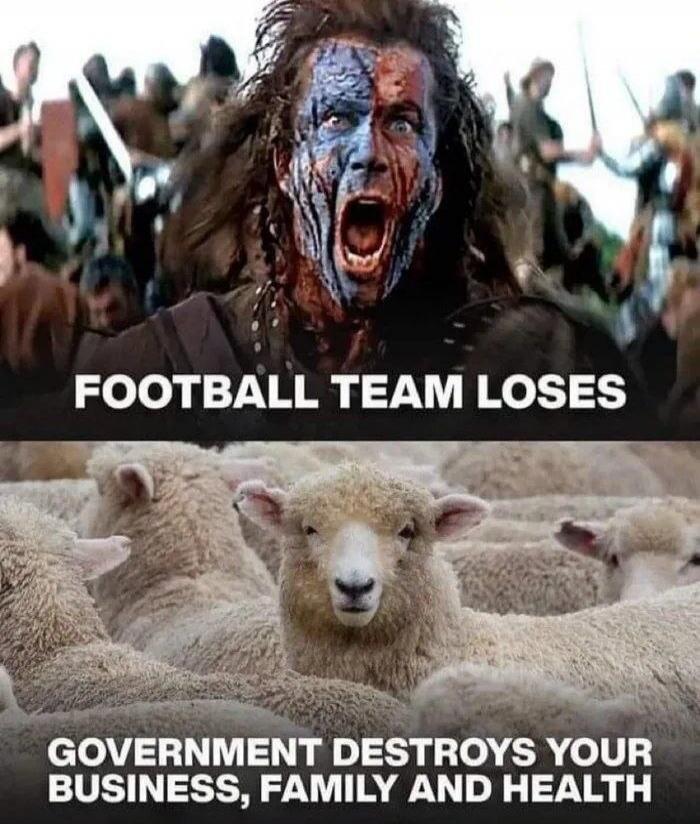 FOOTBALL TEAM LOSES
GOVERNMENT DESTROYS YOUR BUSINESS, FAMILY AND HEALTH