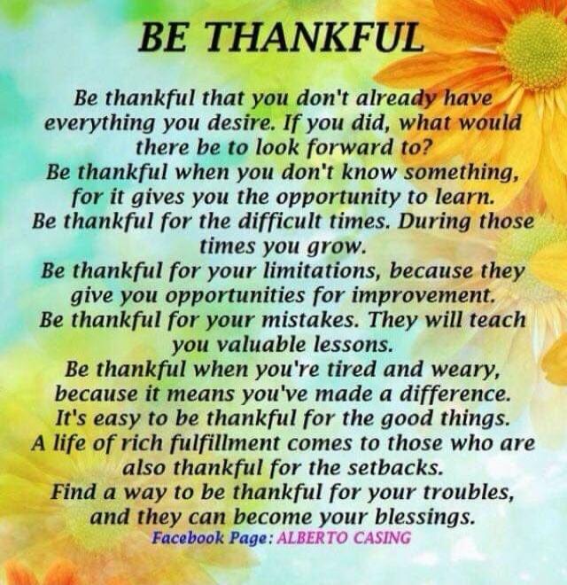 BE THANKFUL
Be thankful that you don't already have everything you desire. If you did, what would there be to look forward to?
Be thankful when you don't know something, for it gives you the opportunity to learn.
Be thankful for the difficult times. During those times you grow.
Be thankful for your limitations, because they give you opportunities f