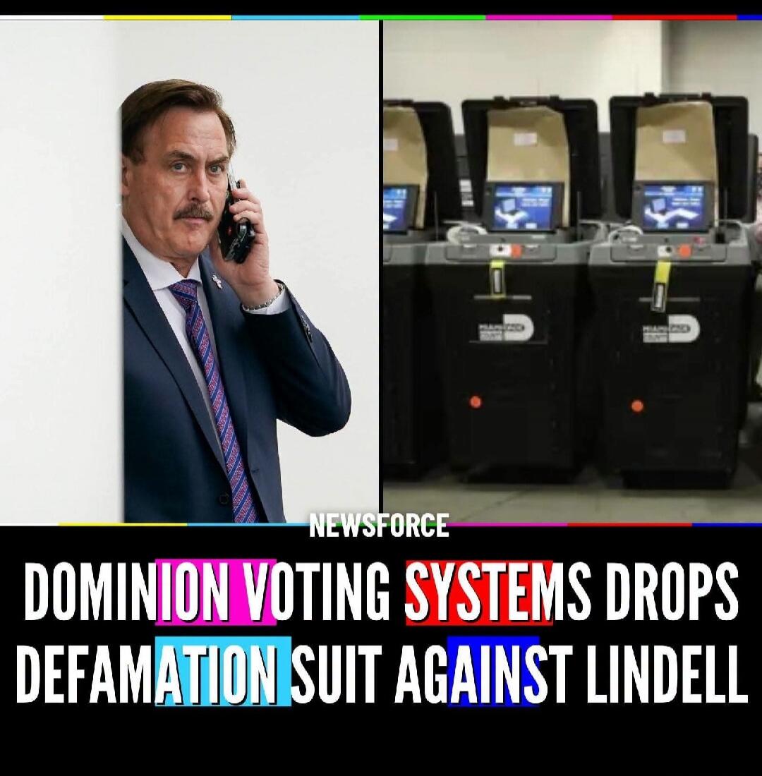 NEWSFORCE. Dominion Voting Systems drops defamation suit against Lindell. The image shows Mike Lindell on the phone and several voting machines.