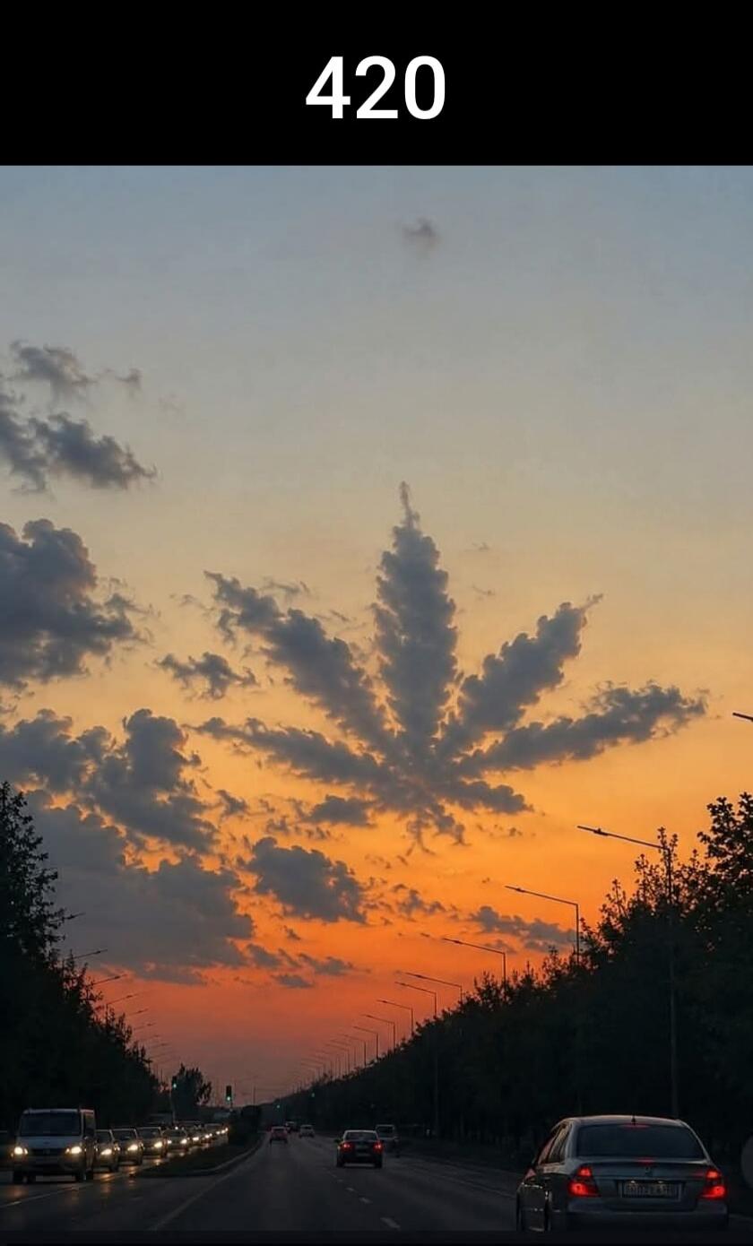 420. A sunset sky with clouds forming the shape of a cannabis leaf over a road with cars.