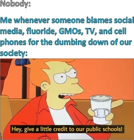 Noboday Me whenever someone blames social media fluoride GMOs TV and cell phones for the dumbing down of our Hey give a little credit to our public schools e