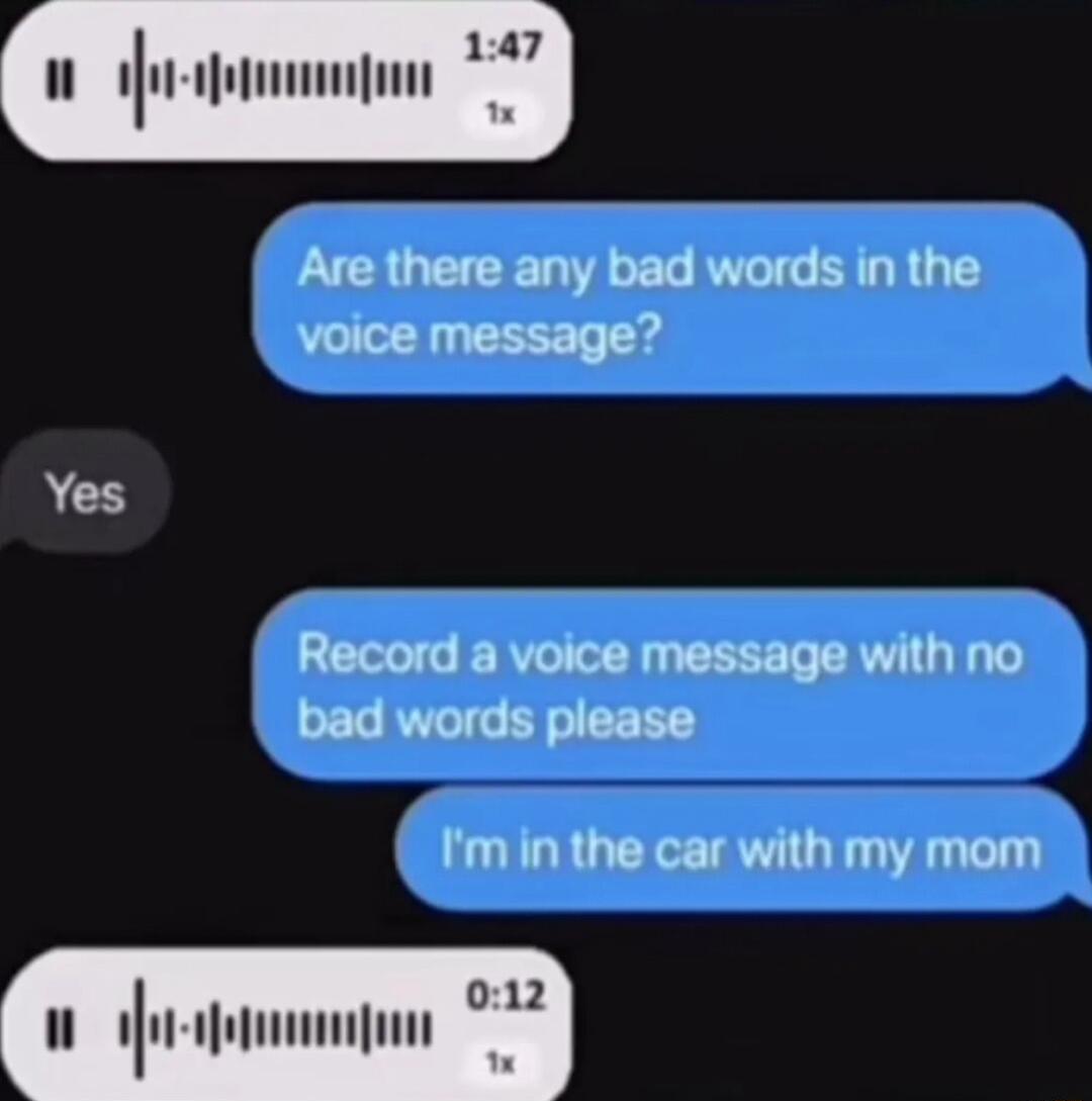 147 i Are there any bad words in the voice message Yes Reoordavo eemessngemlhno bad words please Im in the car with my mom 2 0 mmnjun