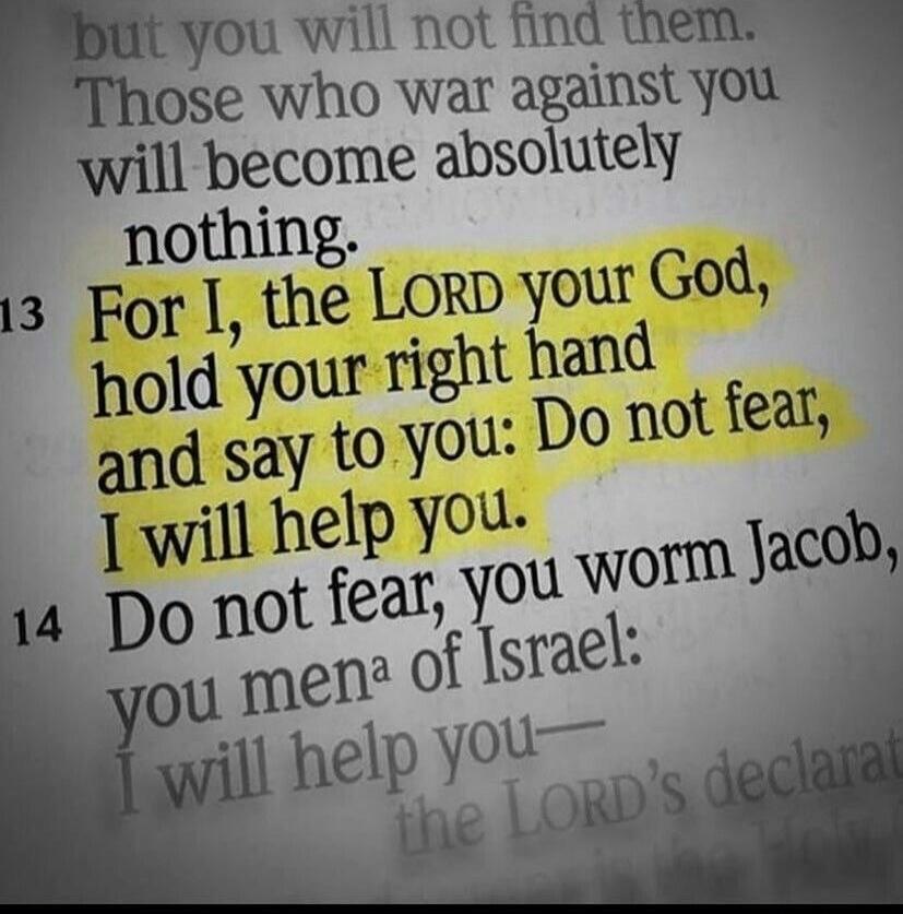 but you will not find them. Those who war against you will become absolutely nothing. For I, the LORD your God, hold your right hand and say to you: Do not fear, I will help you. Do not fear, you worm Jacob, you men of Israel: I will help you—the LORD's declaration.