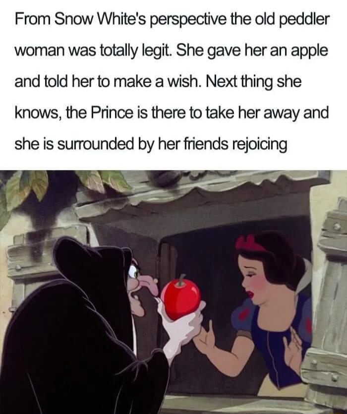 From Snow Whites perspective the old peddler woman was totally legit She gave her an apple and told her to make a wish Next thing she knows the Prince is there to take her away and she is surrounded by her friends rejoicing