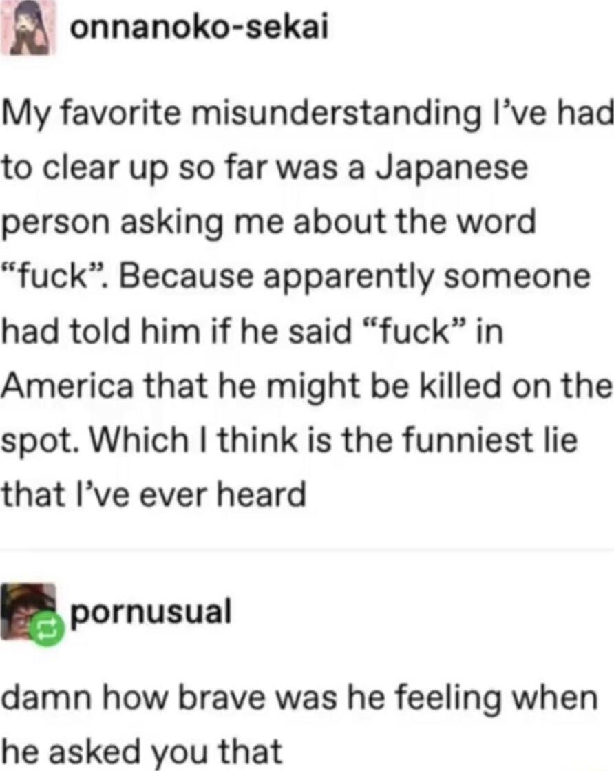 n onnanoko sekai My favorite misunderstanding Ive had to clear up so far was a Japanese person asking me about the word fuck Because apparently someone had told him if he said fuck in America that he might be killed on the spot Which think is the funniest lie that Ive ever heard pornusual damn how brave was he feeling when he asked you that