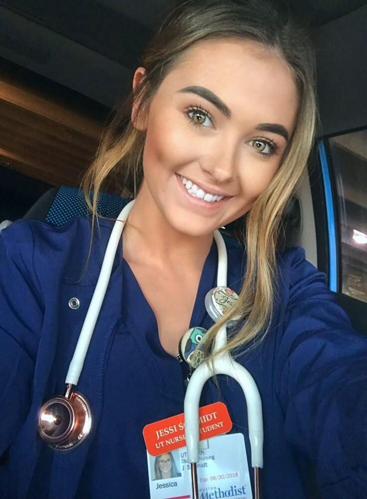 A young woman in blue scrubs with a stethoscope, smiling at the camera. Her ID badge shows 'JESSI S', 'UT NURSI', 'STUDENT', 'Jessica', 'Exp: 06/30/2018', and 'Methodist'.
