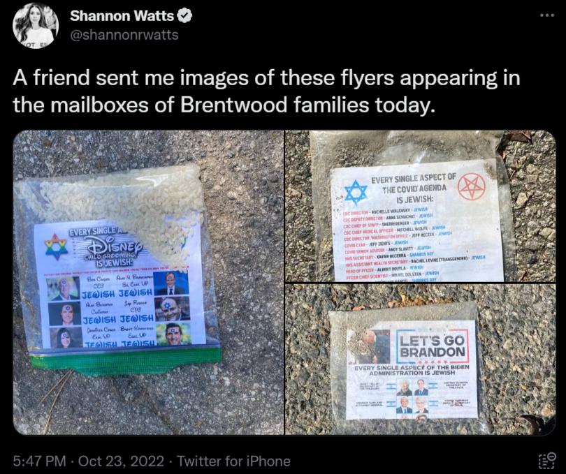 Joiudenid Afriend sent me images of these flyers appearing in the mailboxes of Brentwood families today
