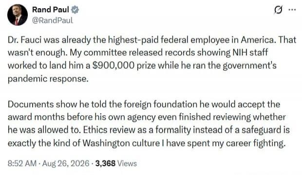Dr. Fauci was already the highest-paid federal employee in America. That wasn't enough. My committee released records showing NIH staff worked to land him a $900,000 prize while he ran the government's pandemic response. Documents show he told the foreign foundation he would accept the award months before his own agency even finished reviewing whet