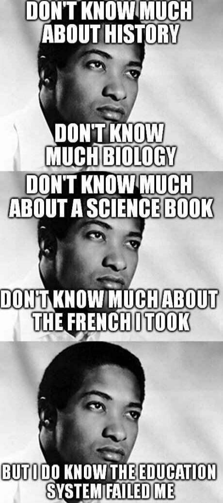 DON'T KNOW MUCH ABOUT HISTORY DON'T KNOW MUCH BIOLOGY DON'T KNOW MUCH ABOUT A SCIENCE BOOK DON'T KNOW MUCH ABOUT THE FRENCH I TOOK BUT I DO KNOW THE EDUCATION SYSTEM FAILED ME